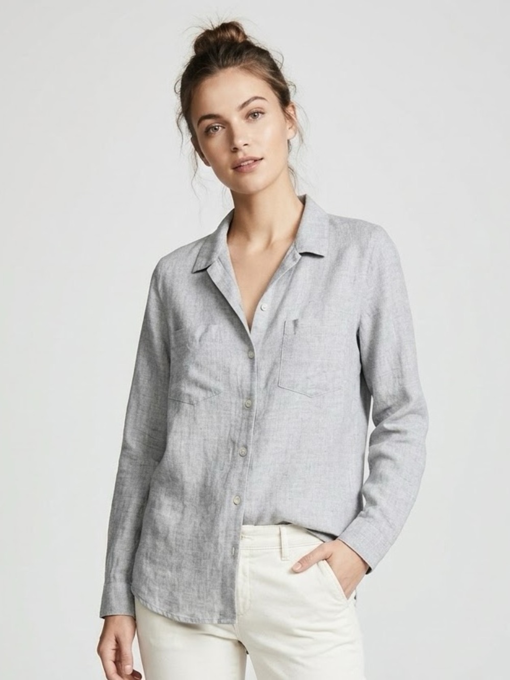 Cloth & stone Light Gray Long Sleeve Button-Down Tunic Top linen blend Fall M